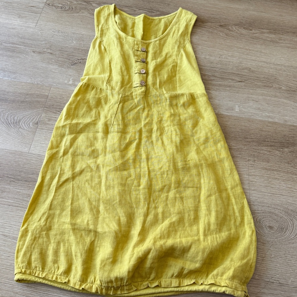 100% Linen Made In Italy Lagenlook Yellow Sundress With Corset Back Detail - Picture 7 of 7